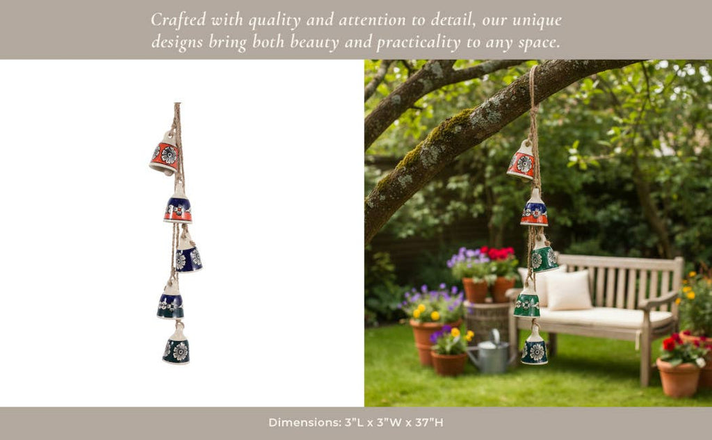 Wind Chime - Blue Ceramic and Jute Bell Cluster, 37 in.
