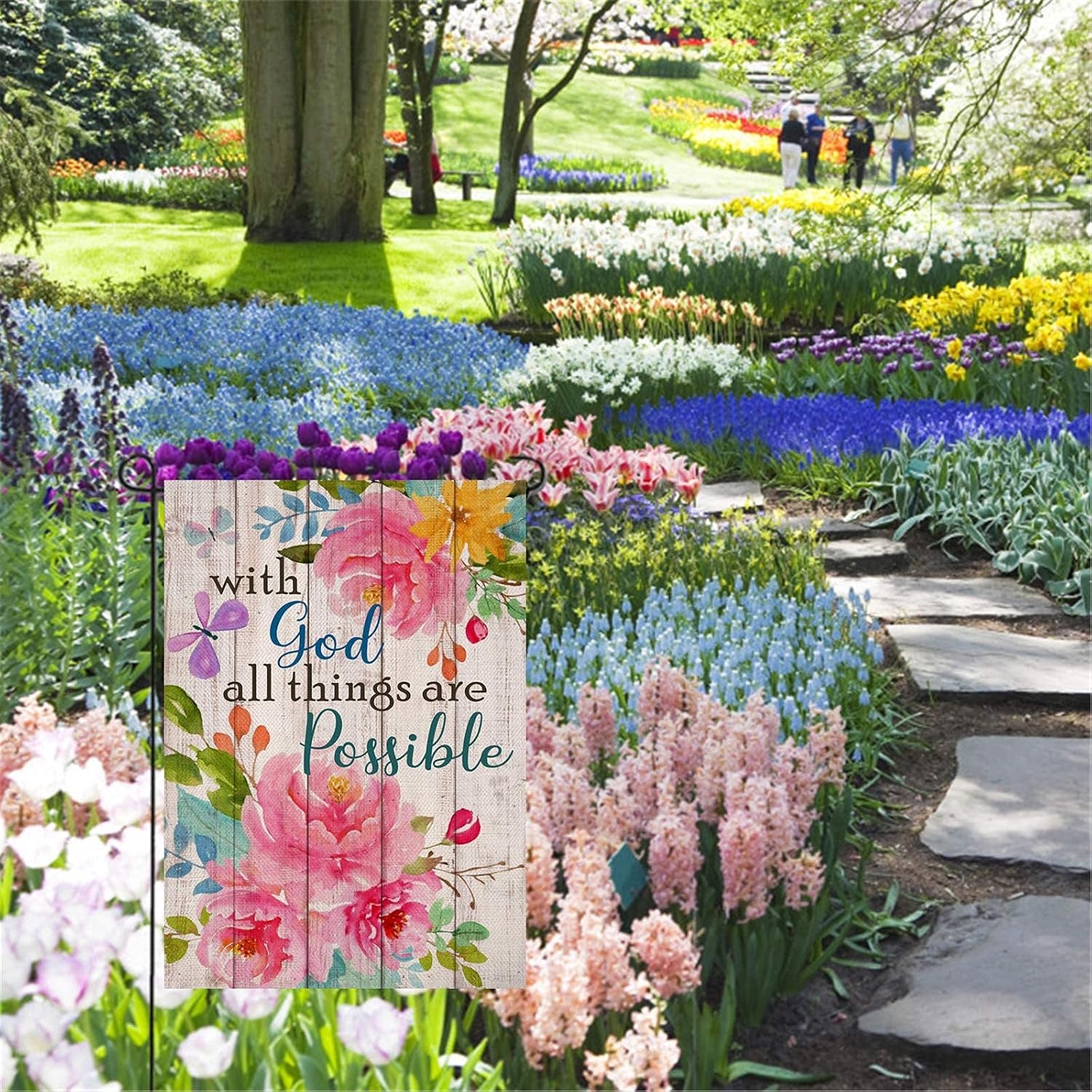 with God All Things Are Possible Christian Home Decorative Garden Flag, Spring Summer Religious House Yard Outdoor Peony Flower, Inspirational Butterfly outside Farmhouse Small Decor 12 X 18
