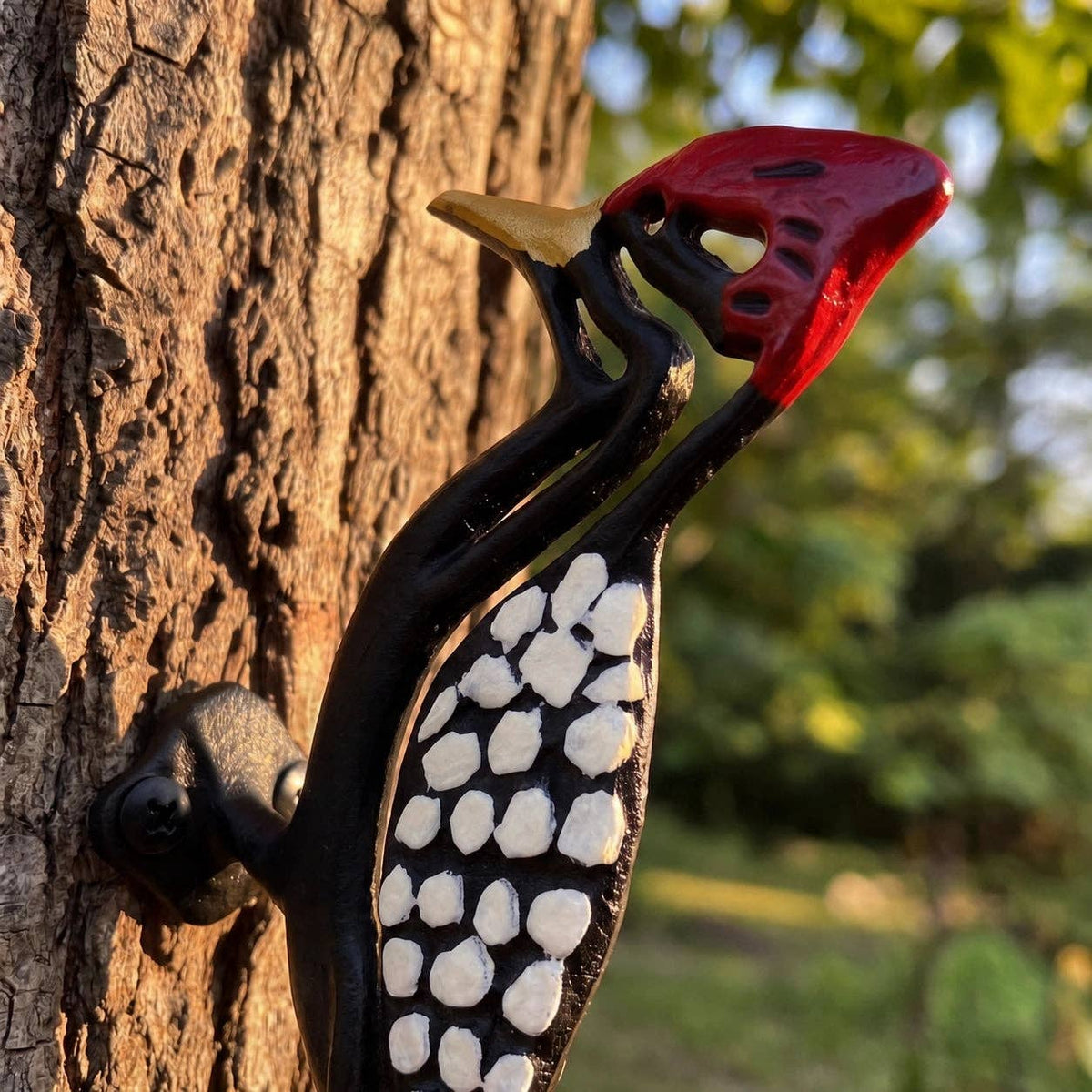 Woodpecker Tree Wall Plaque, Painted Cast Iron Outdoor Decor, 8"