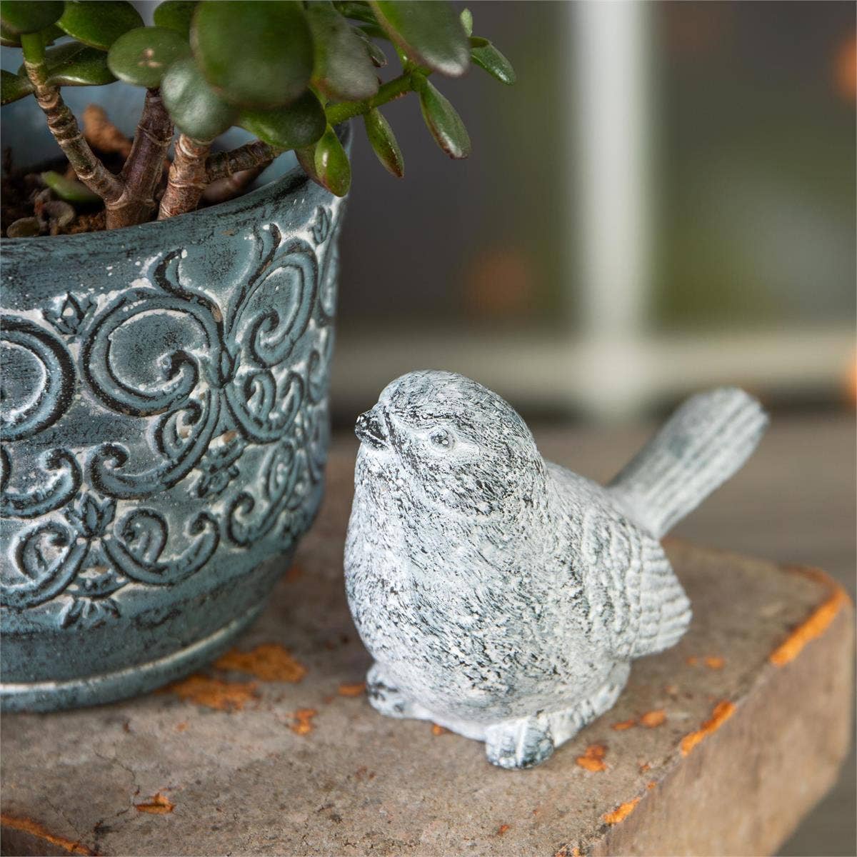 Blue-Gray Weathered Cement Bird Figurine