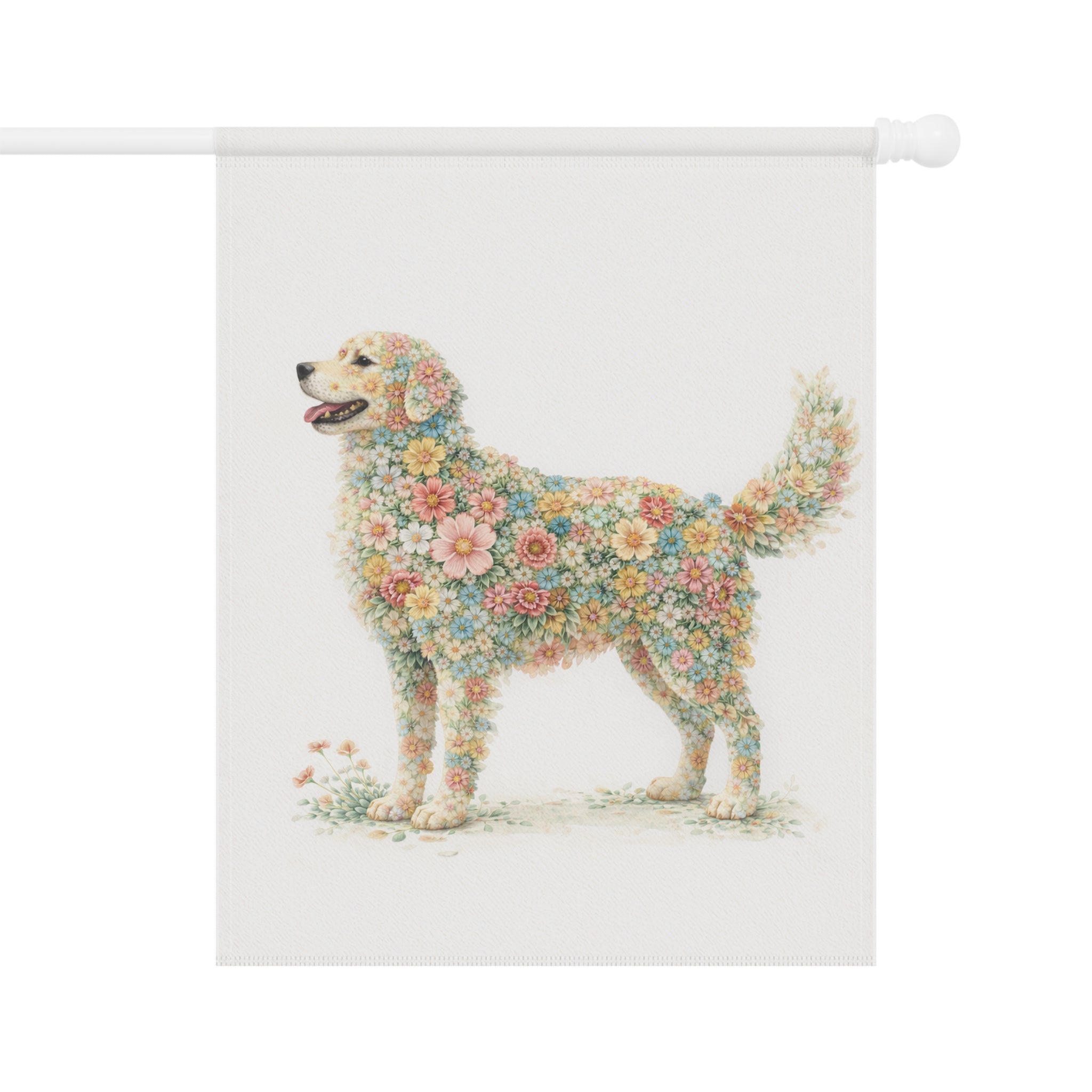 Whimsical Floral Dog Standing in Bloom Garden Banner and Flag