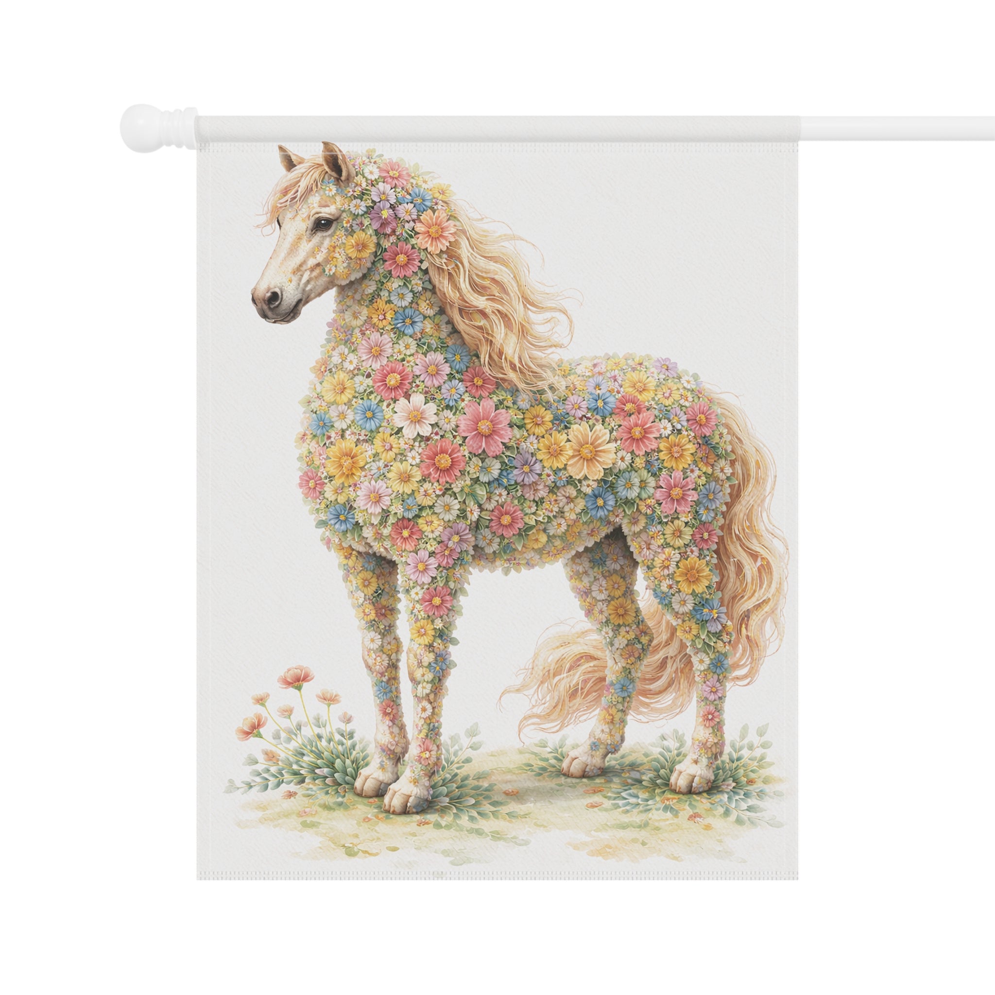 Flower-Filled Horse Garden Flag — Cottage Floral Horse Banner