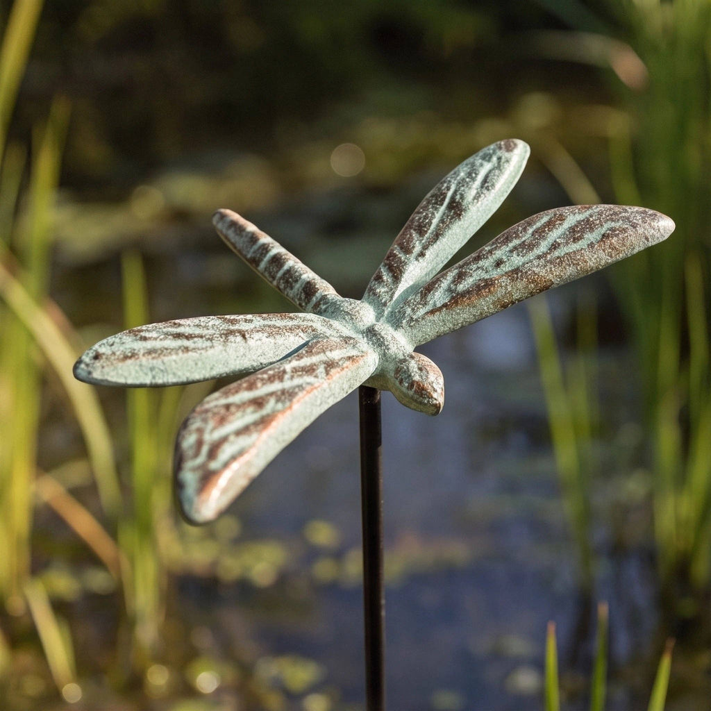 Dragonfly Garden Stake, Green Gold Cast Iron Plant Pick, 15"