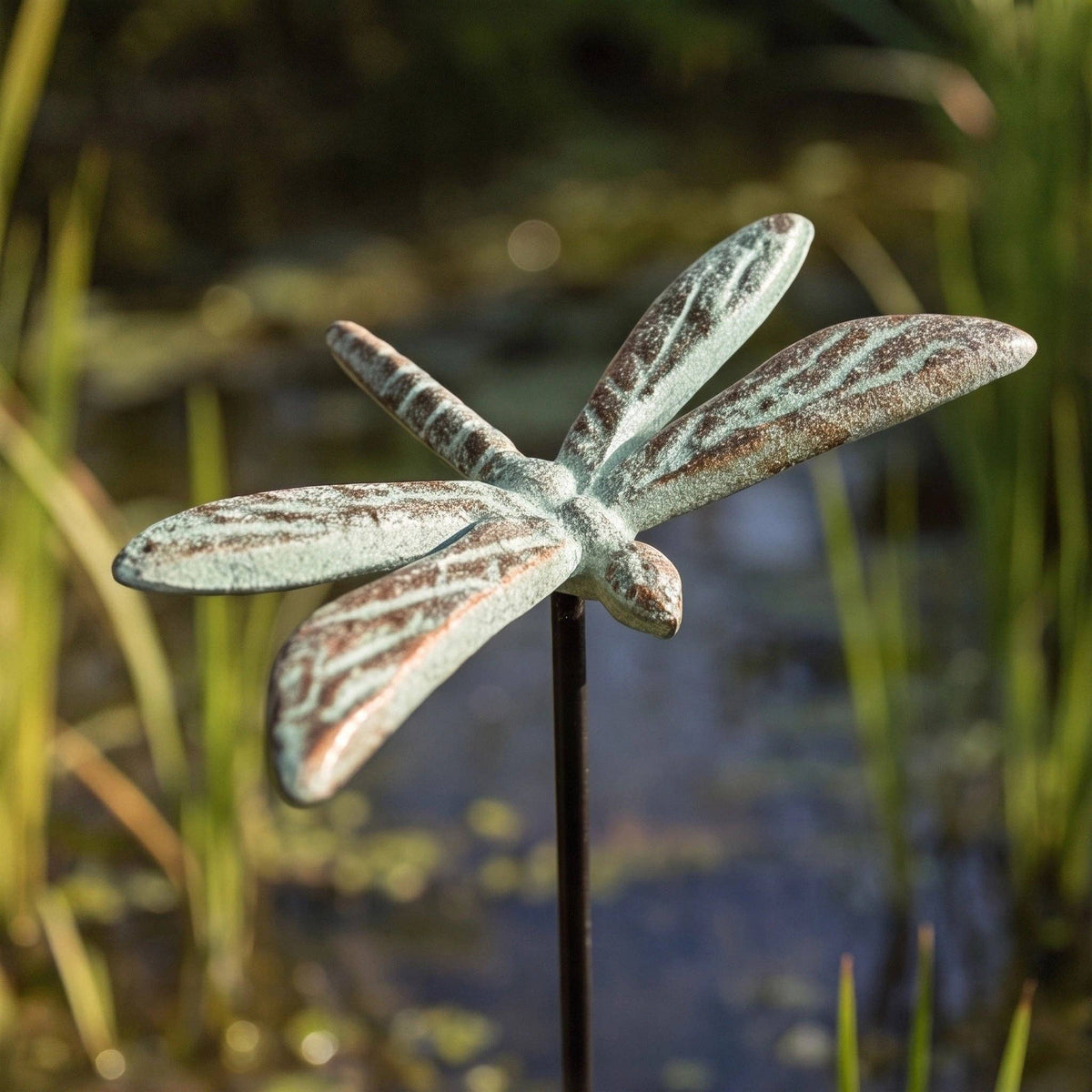 Dragonfly Garden Stake, Green Gold Cast Iron Plant Pick, 15"