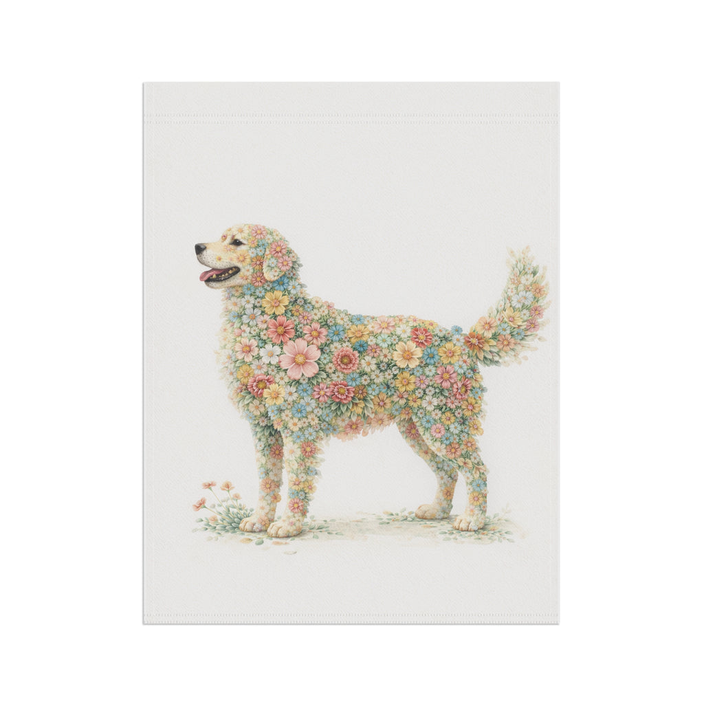 Whimsical Floral Dog Standing in Bloom Garden Banner and Flag