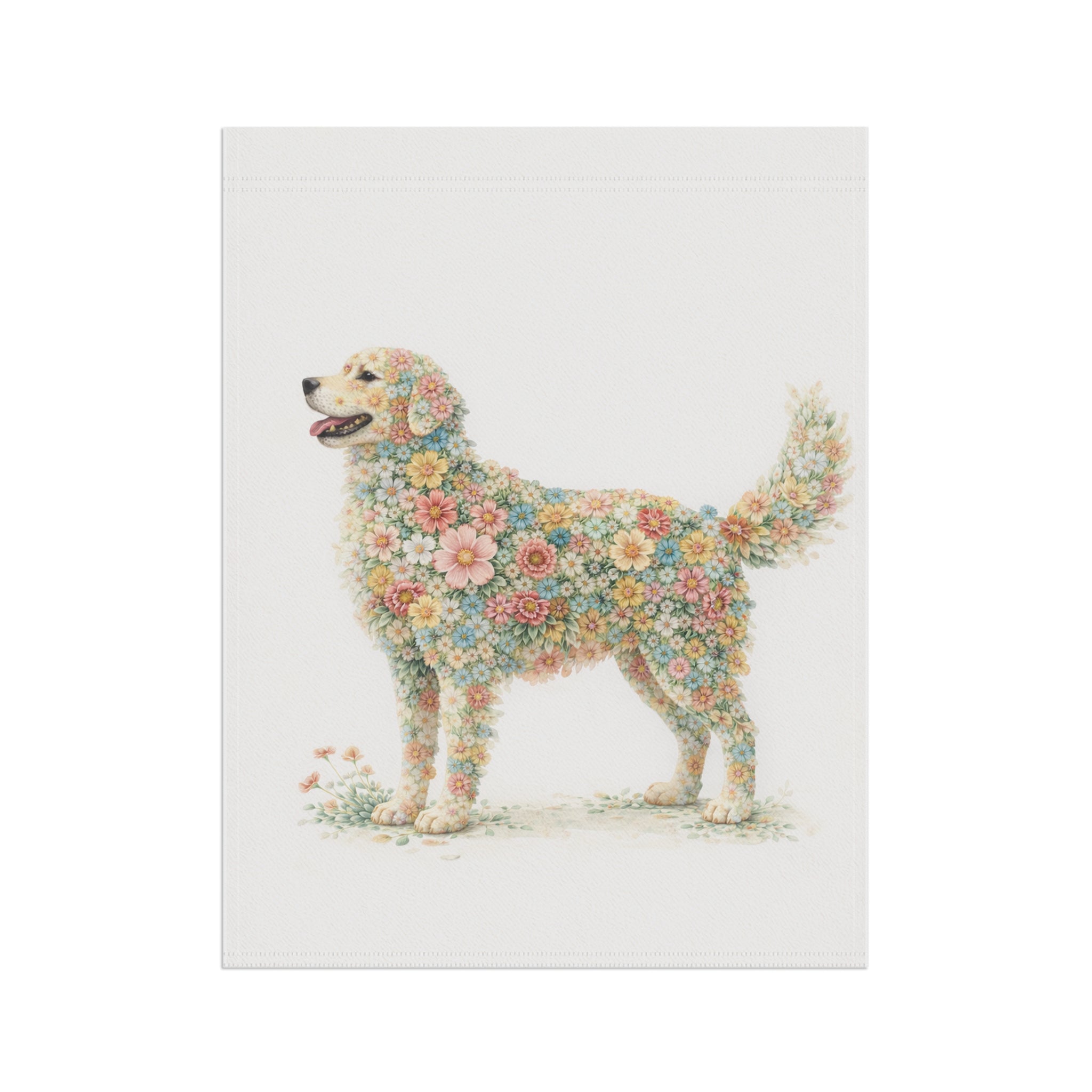 Whimsical Floral Dog Standing in Bloom Garden Banner and Flag