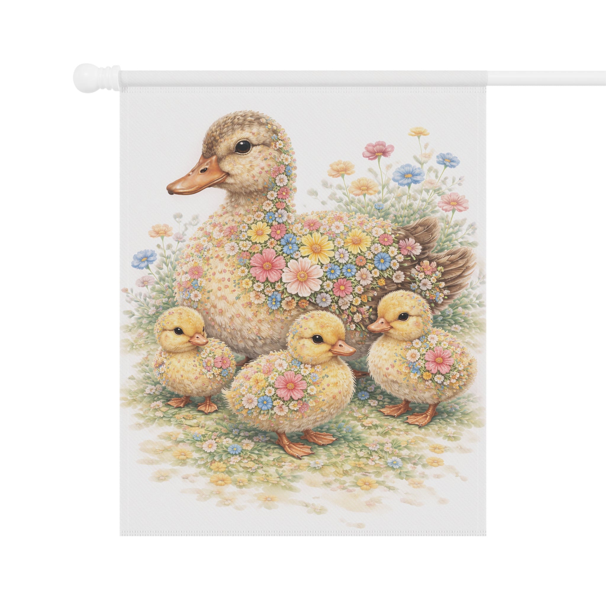 Garden Flag — Floral Mother Duck & Ducklings Cottage Banner (Spring)