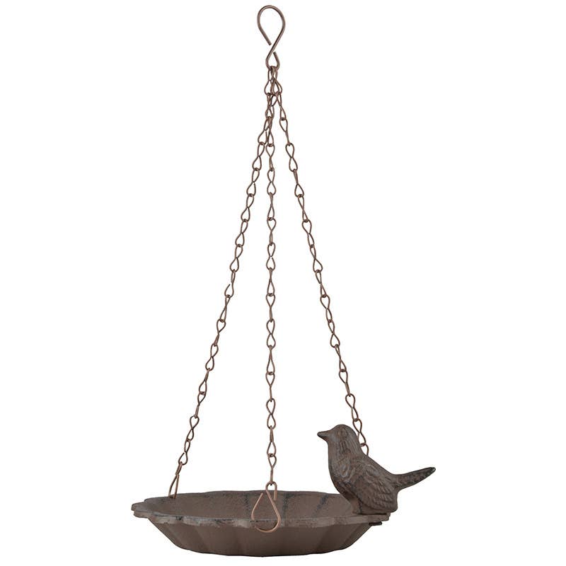 Hanging Bird Bath w/Bird, Cast Iron, Antique Brown