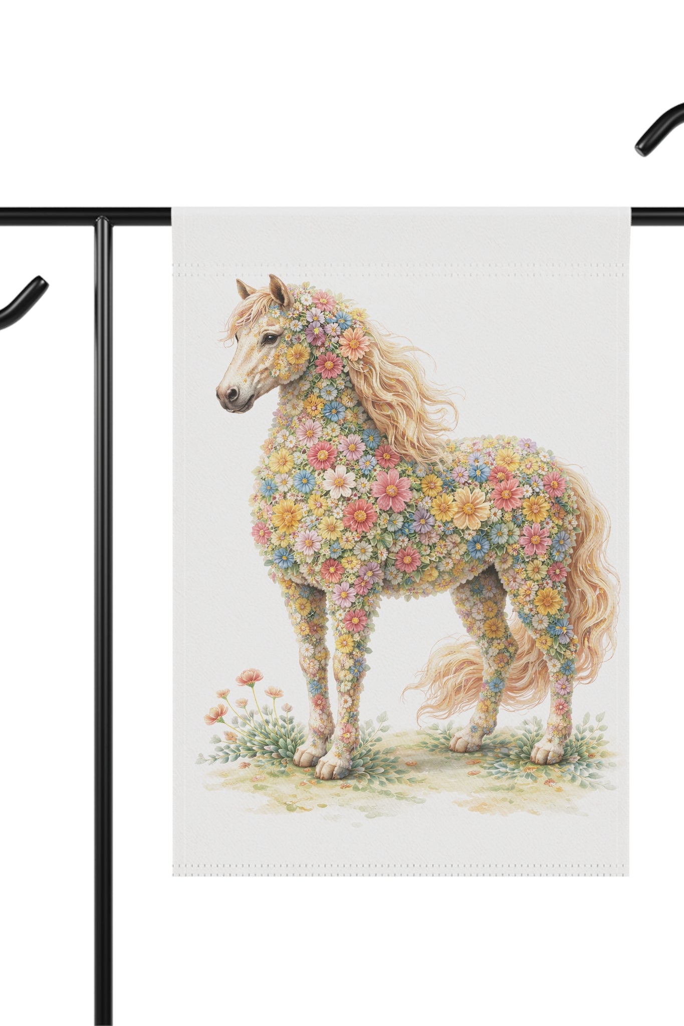 Flower-Filled Horse Garden Flag — Cottage Floral Horse Banner
