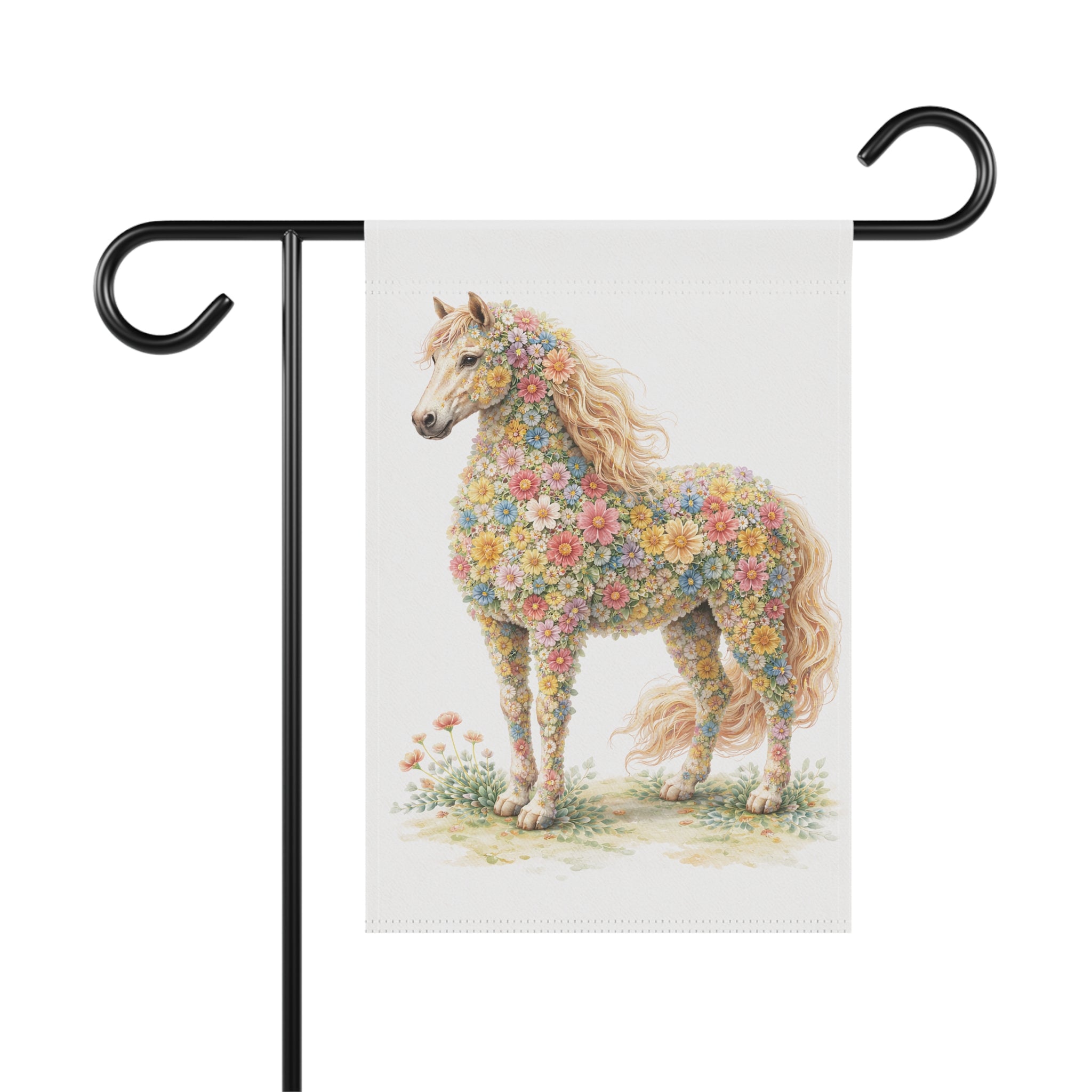 Flower-Filled Horse Garden Flag — Cottage Floral Horse Banner