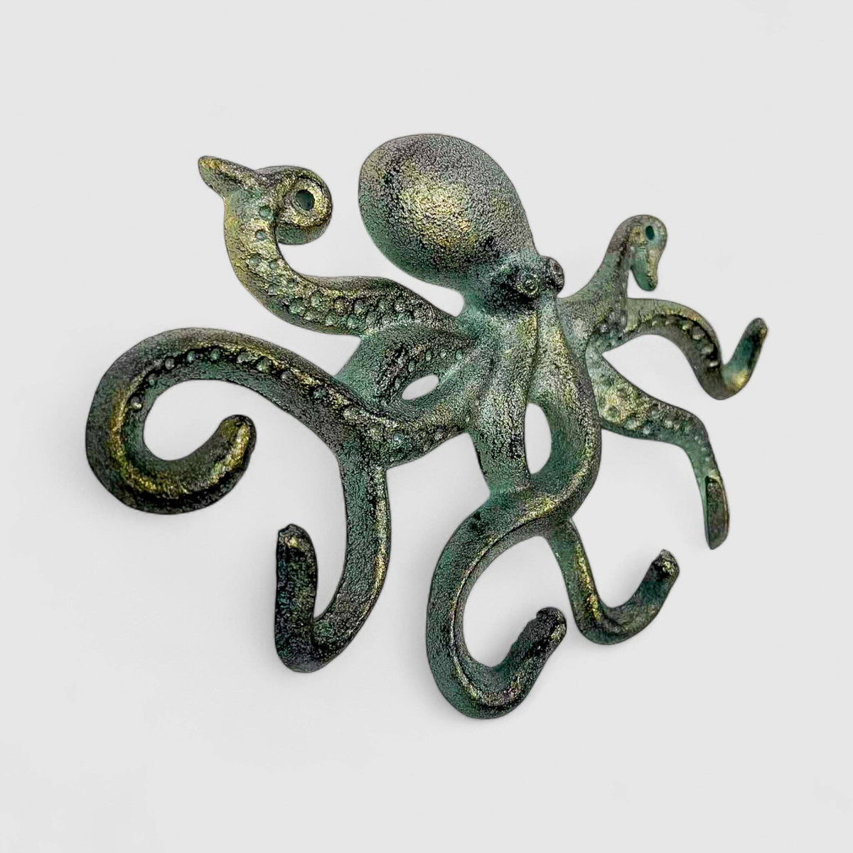 Octopus Wall Hook, Green Bronze Cast Iron for Coats, Keys or Towels, 9.7"
