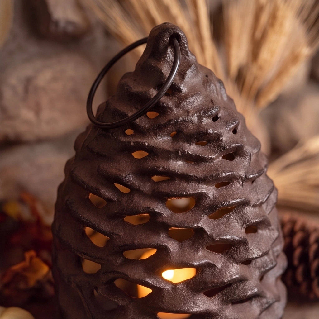 Pinecone Candle Lantern, Antique Brown Cast Iron Tealight Holder, 9"