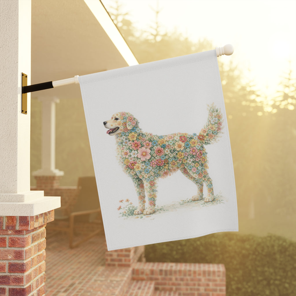 Whimsical Floral Dog Standing in Bloom Garden Banner and Flag