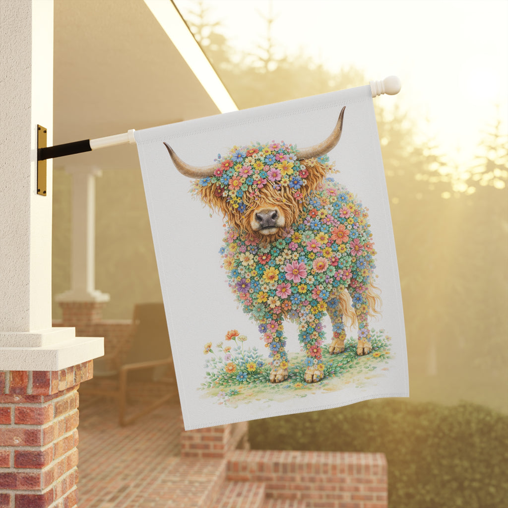 Flower-Filled Highland Cow Garden Banner and Flag — Cottage Floral 'Coo' Flag