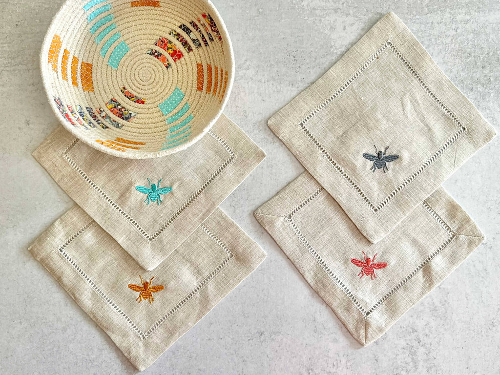 The Busy Bee Linen Cocktail Coasters — Set of Four