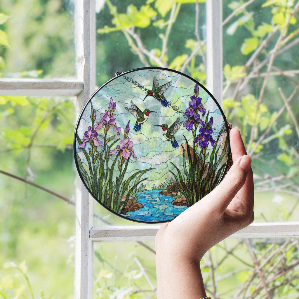 Hummingbirds stained glass suncatcher, nature window decor