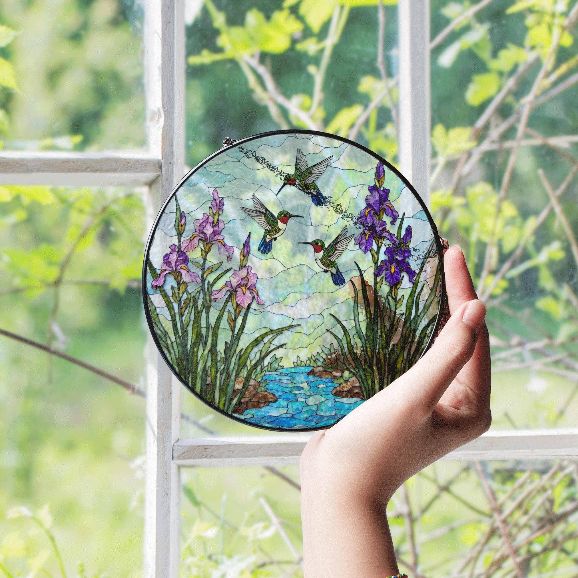 Hummingbirds stained glass suncatcher, nature window decor