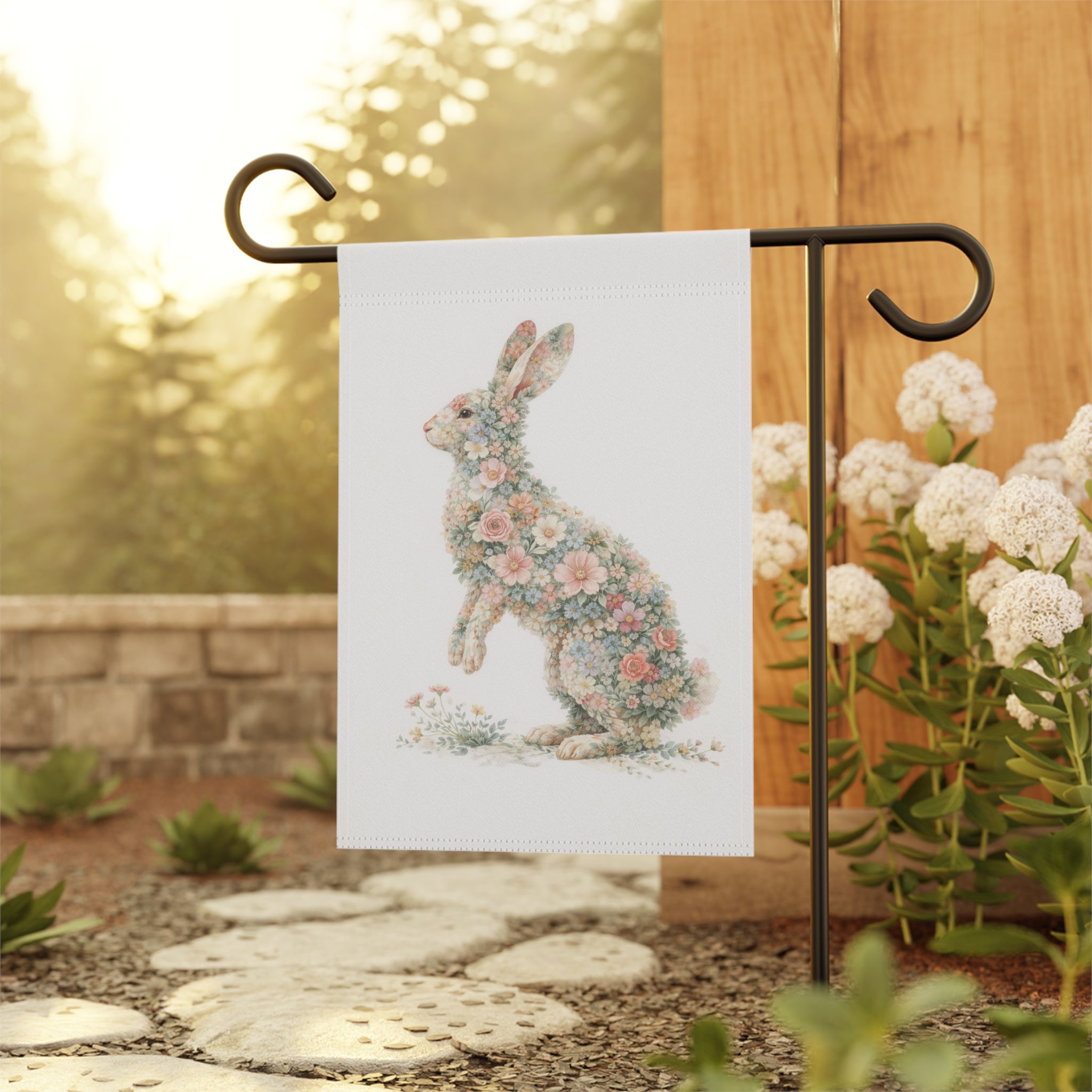 Floral Hopping Rabbit Garden Banner — Watercolor Botanical Wall Art