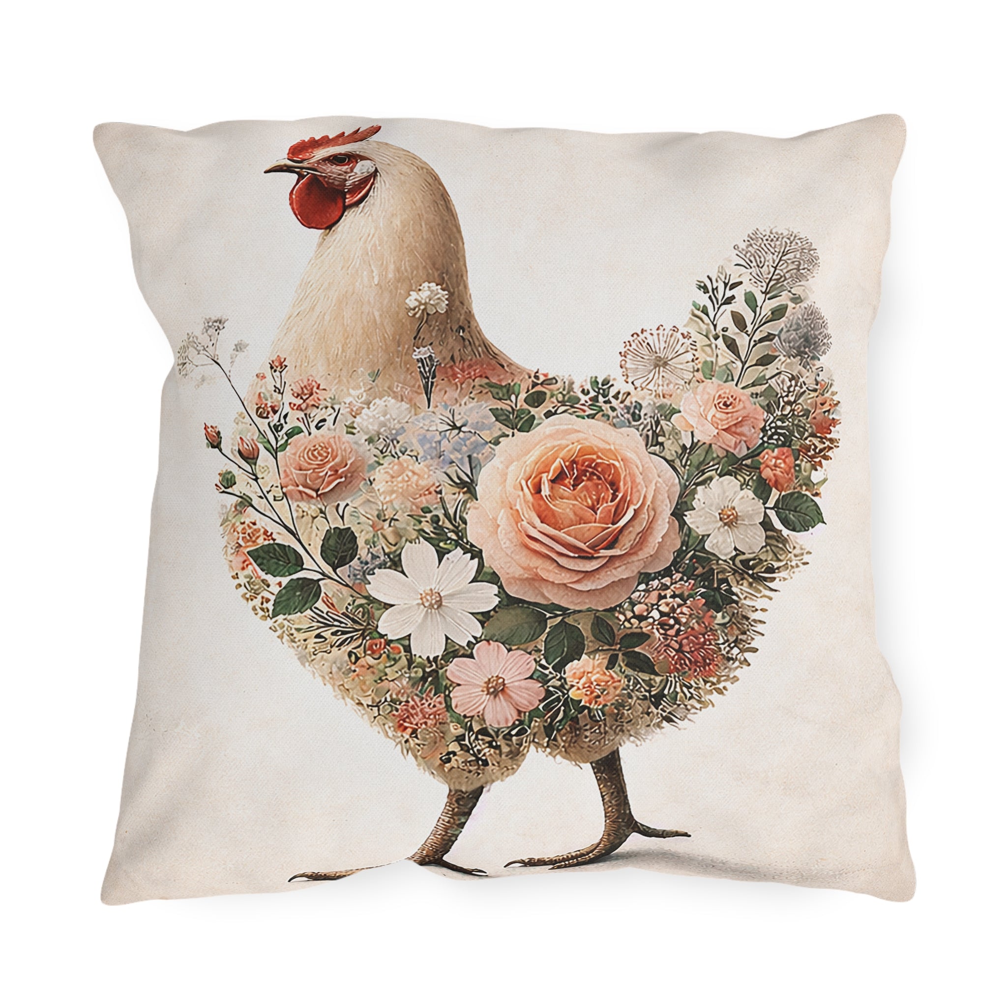 Vintage Floral Chicken Outdoor Pillow — Flower-Filled Porch & Patio Accent