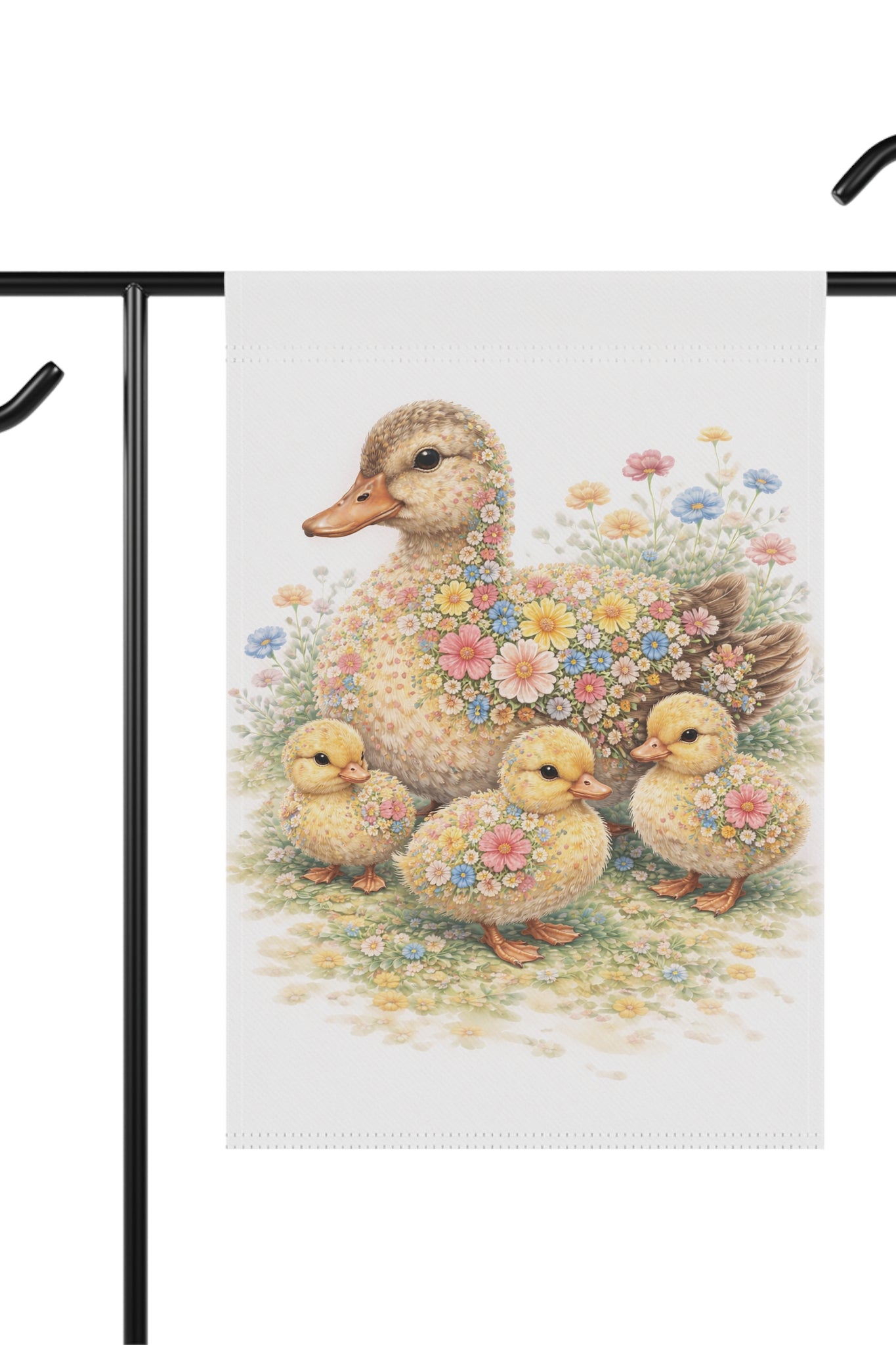 Garden Flag — Floral Mother Duck & Ducklings Cottage Banner (Spring)