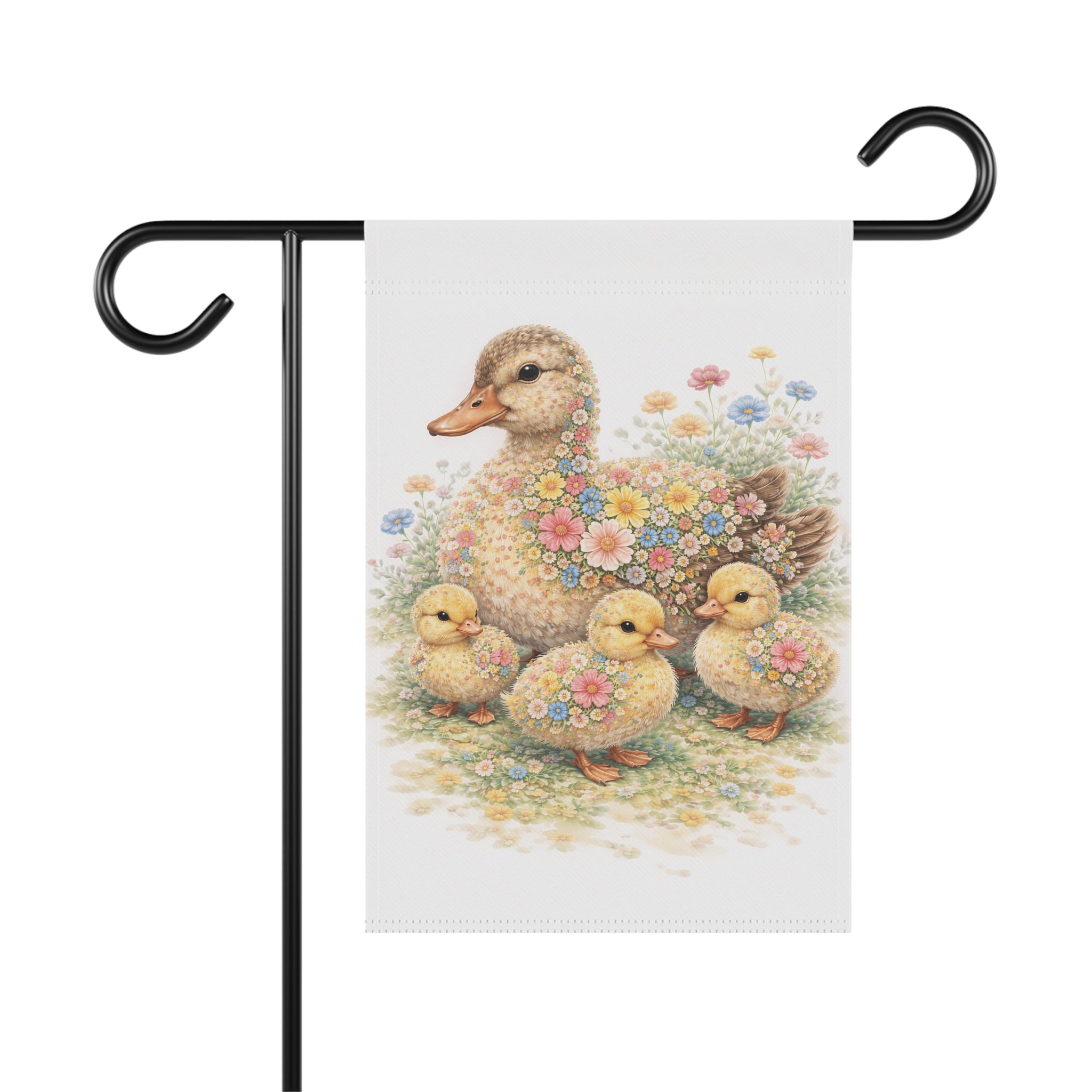 Garden Flag — Floral Mother Duck & Ducklings Cottage Banner (Spring)