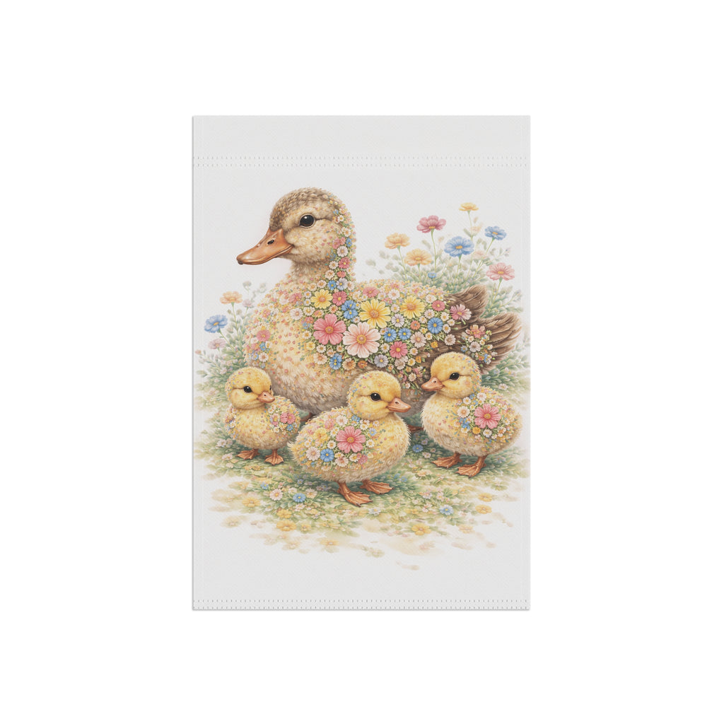 Garden Flag — Floral Mother Duck & Ducklings Cottage Banner (Spring)