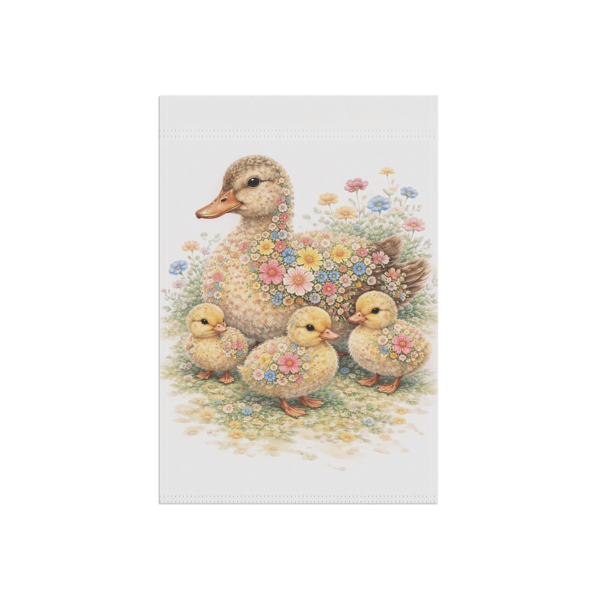 Garden Flag — Floral Mother Duck & Ducklings Cottage Banner (Spring)