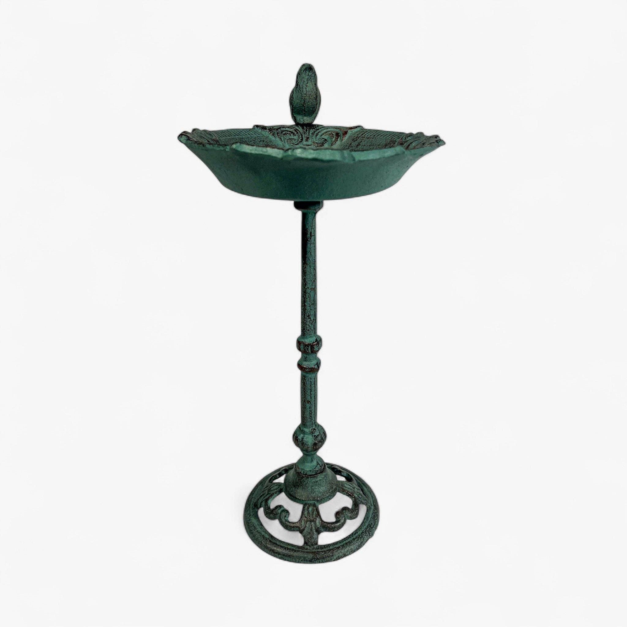 Pedestal Bird Bath with Bird, Green Patina Cast Iron Garden Decor
