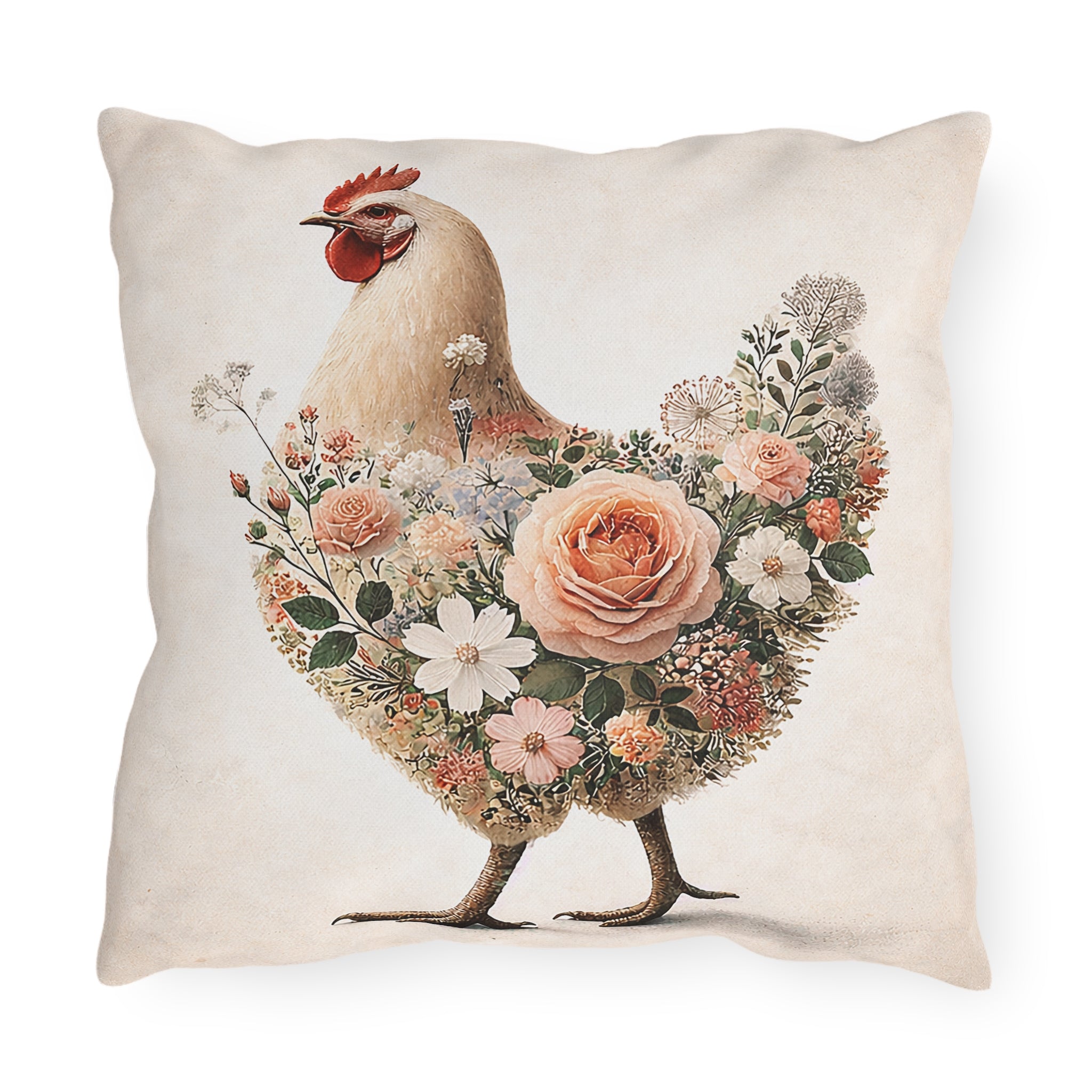 Vintage Floral Chicken Outdoor Pillow — Flower-Filled Porch & Patio Accent