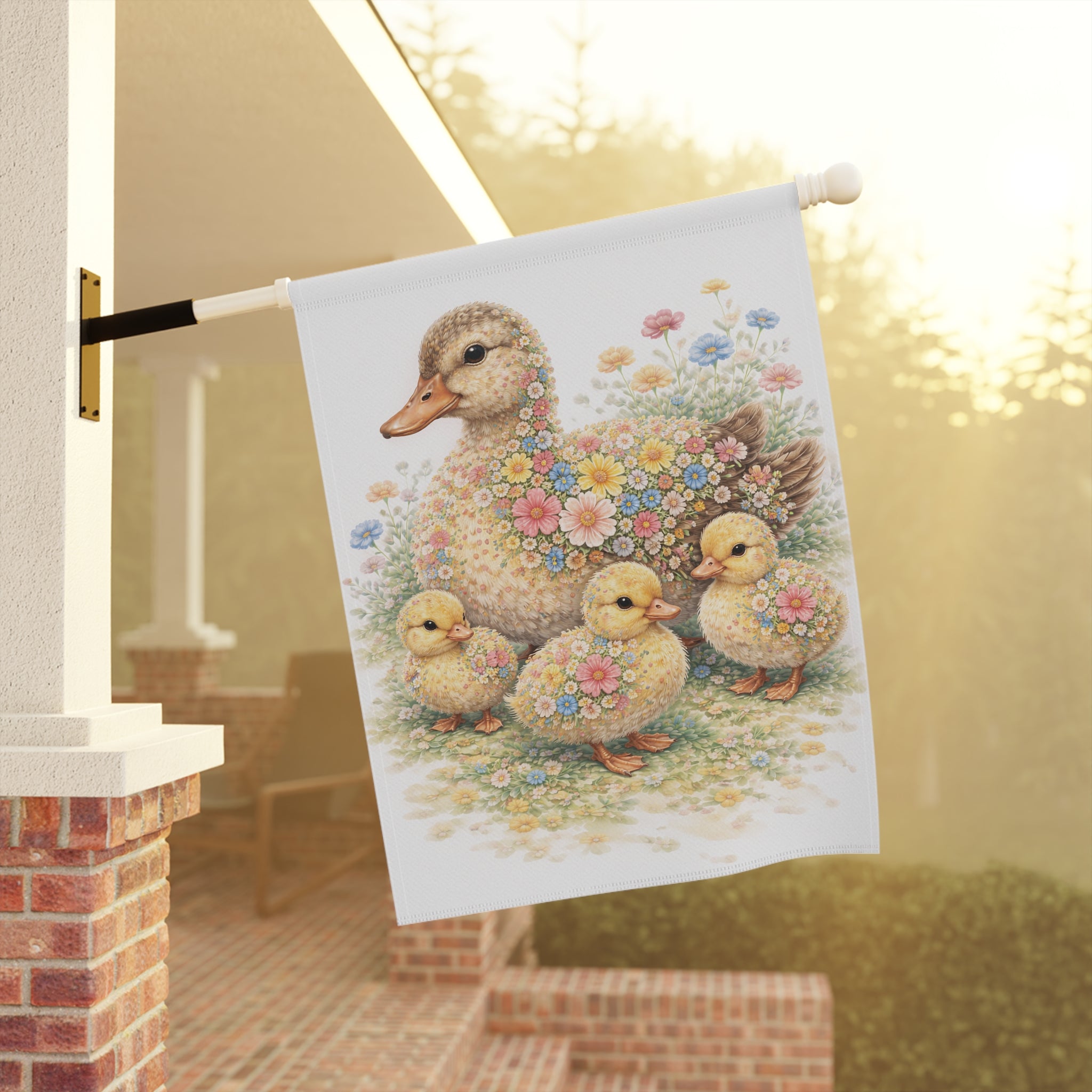 Garden Flag — Floral Mother Duck & Ducklings Cottage Banner (Spring)