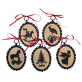 Set of 5 Christmas Silhouette Ornaments A w/ Red Ribbon