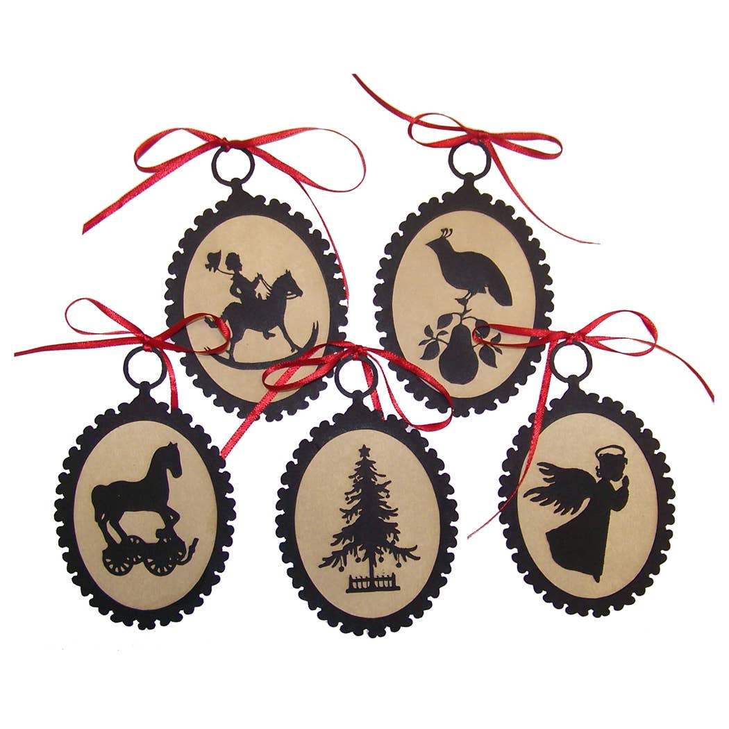 Set of 5 Christmas Silhouette Ornaments A w/ Red Ribbon
