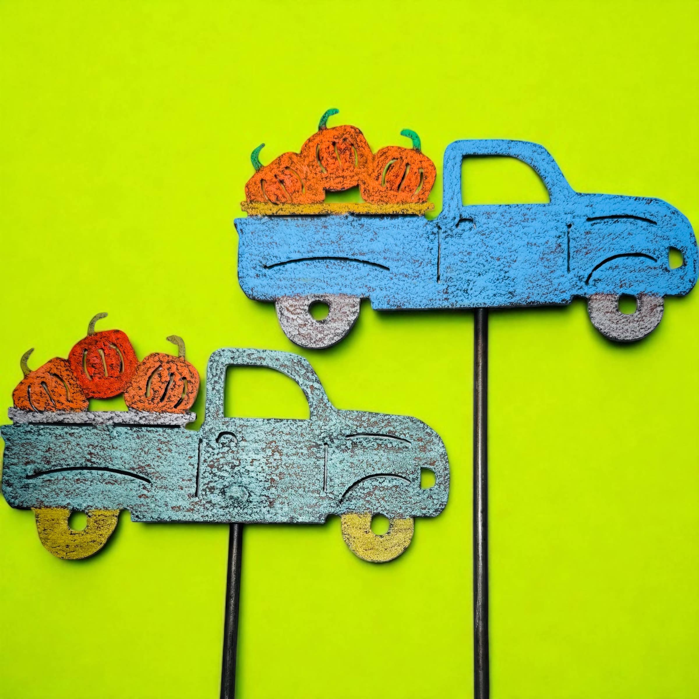 Vintage pickup truck pumpkins Fall garden stake Halloween