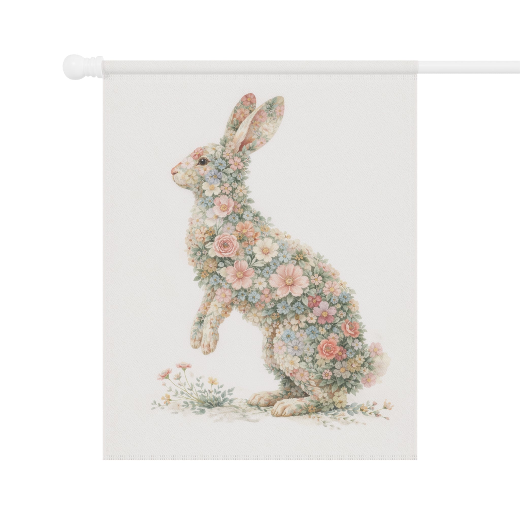 Floral Hopping Rabbit Garden Banner — Watercolor Botanical Wall Art