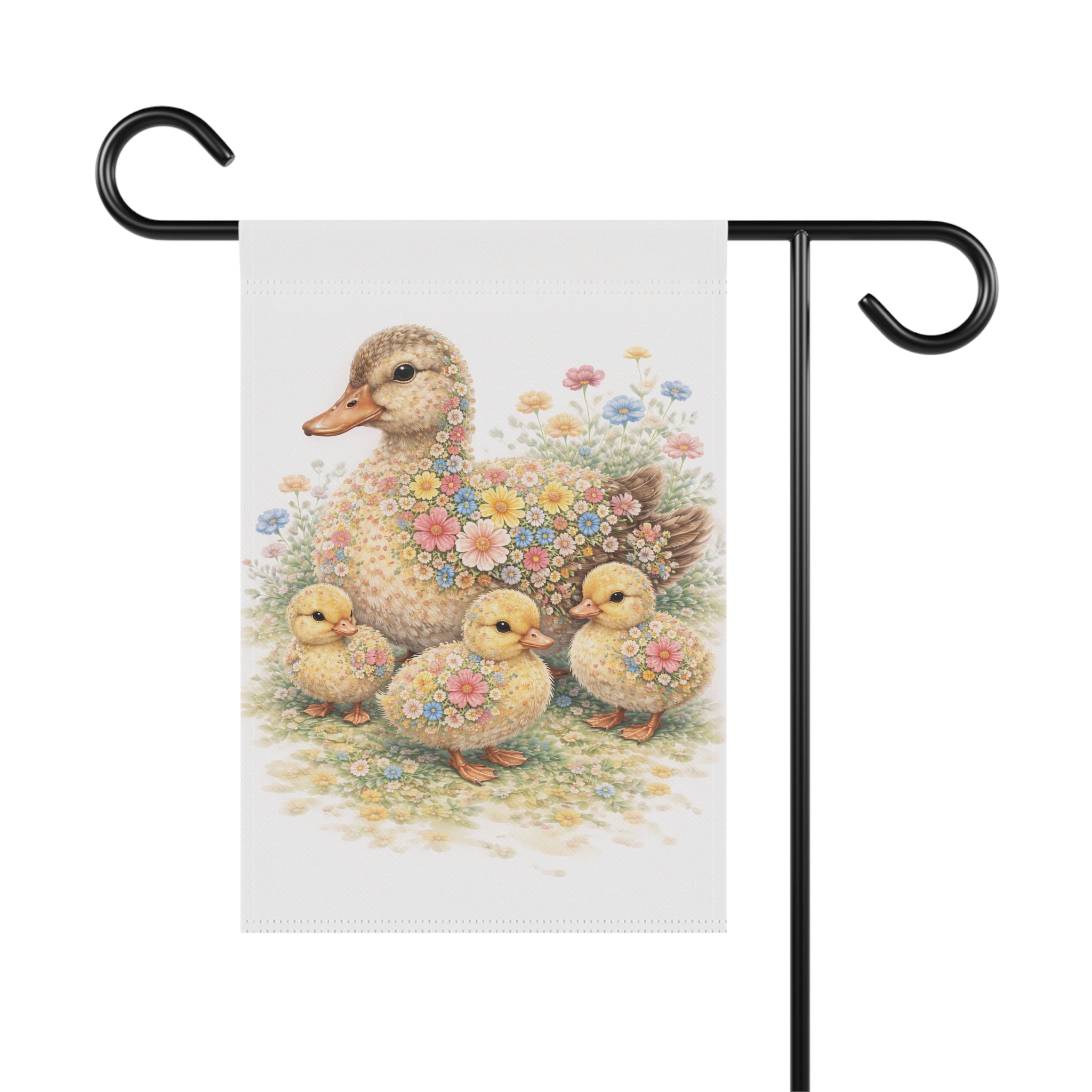 Garden Flag — Floral Mother Duck & Ducklings Cottage Banner (Spring)