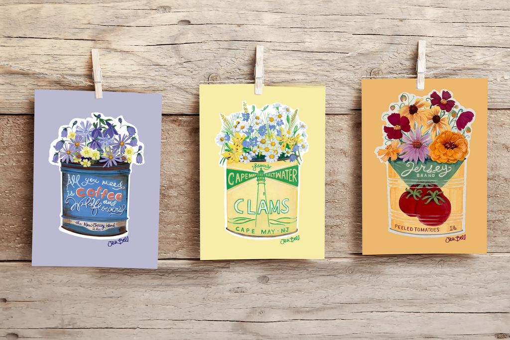 NJ Greeting Card Set Featuring Wildflowers and Vintage Cans