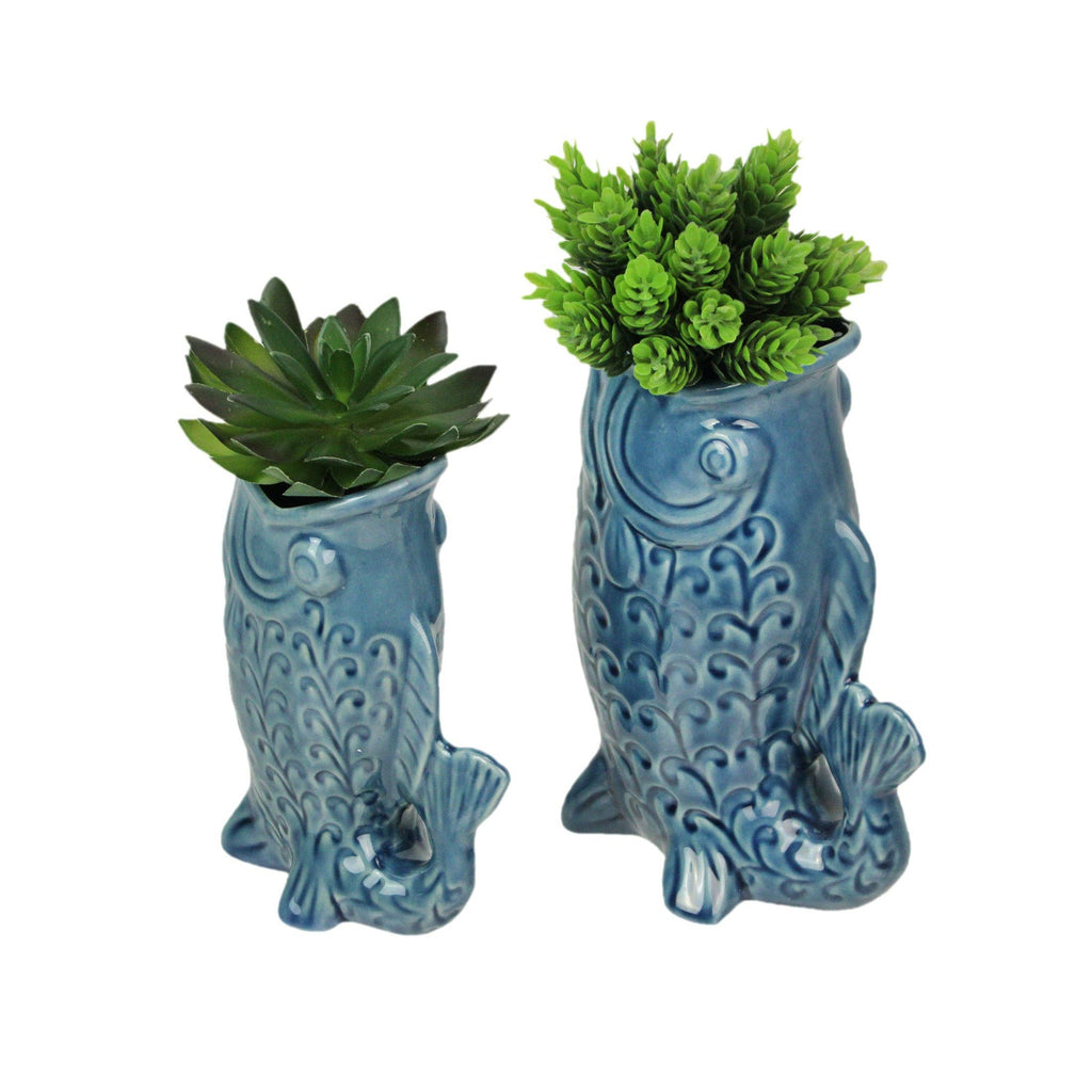 Fish Decorative Vase Set in Glossy Porcelain for Coastal Tabletop Decor