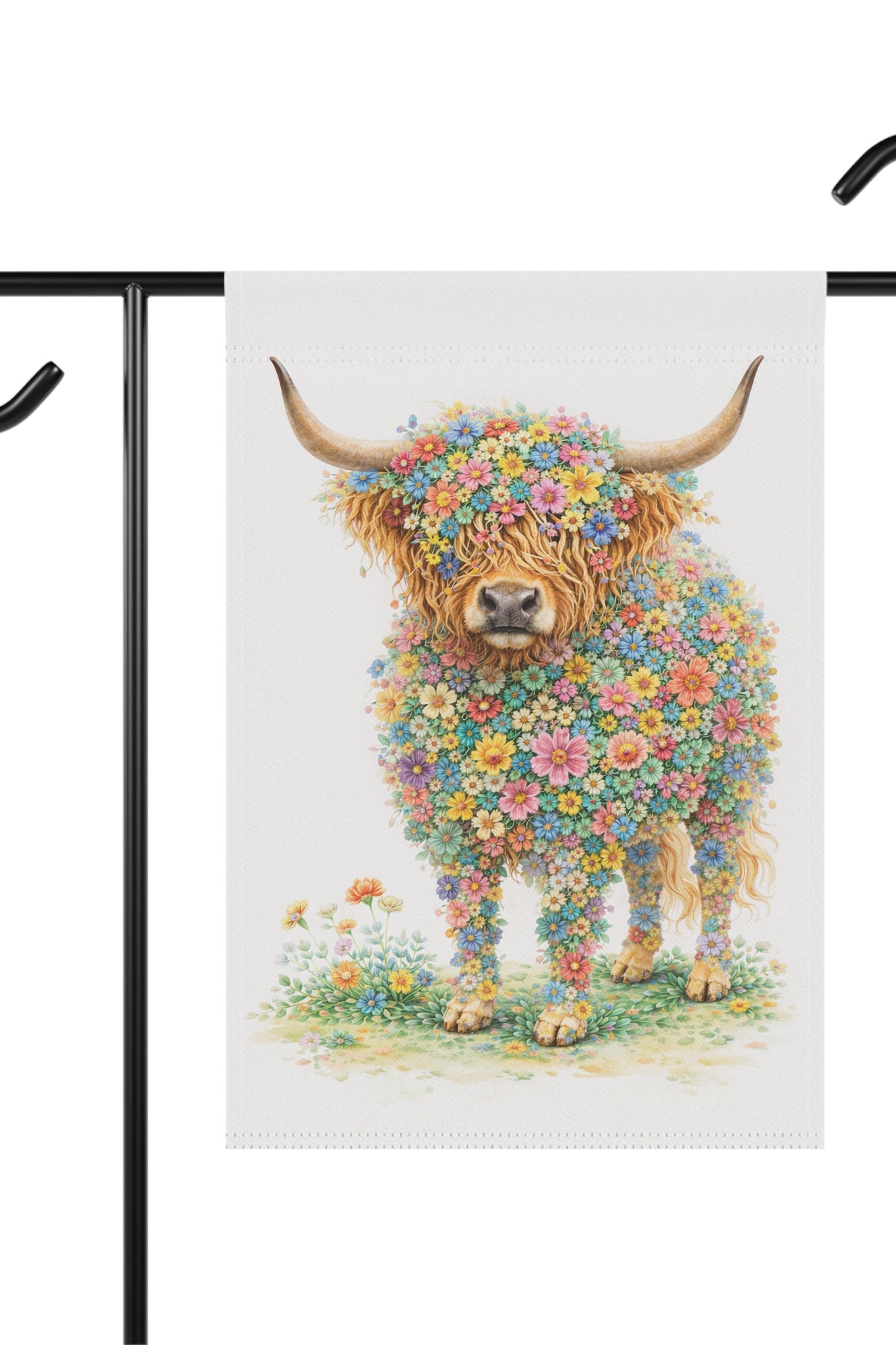 Flower-Filled Highland Cow Garden Banner and Flag — Cottage Floral 'Coo' Flag