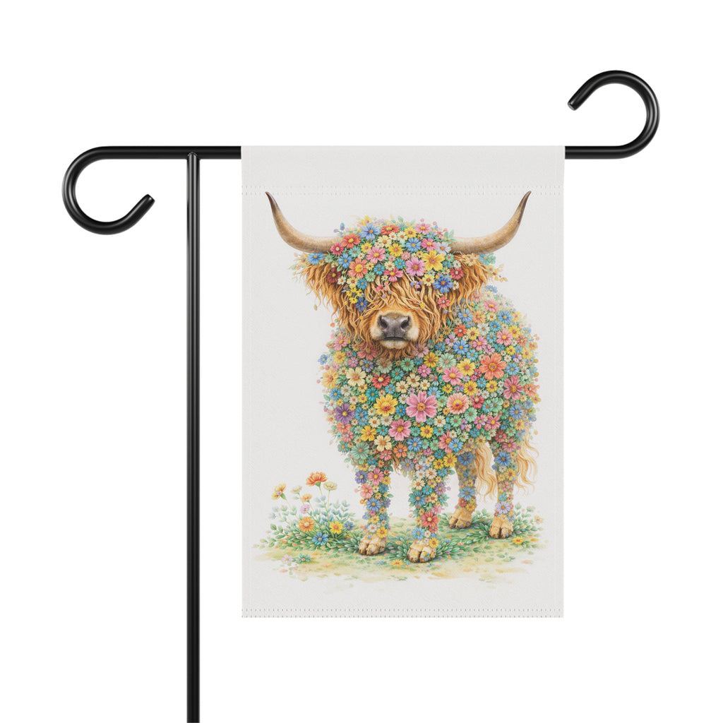Flower-Filled Highland Cow Garden Banner and Flag — Cottage Floral 'Coo' Flag
