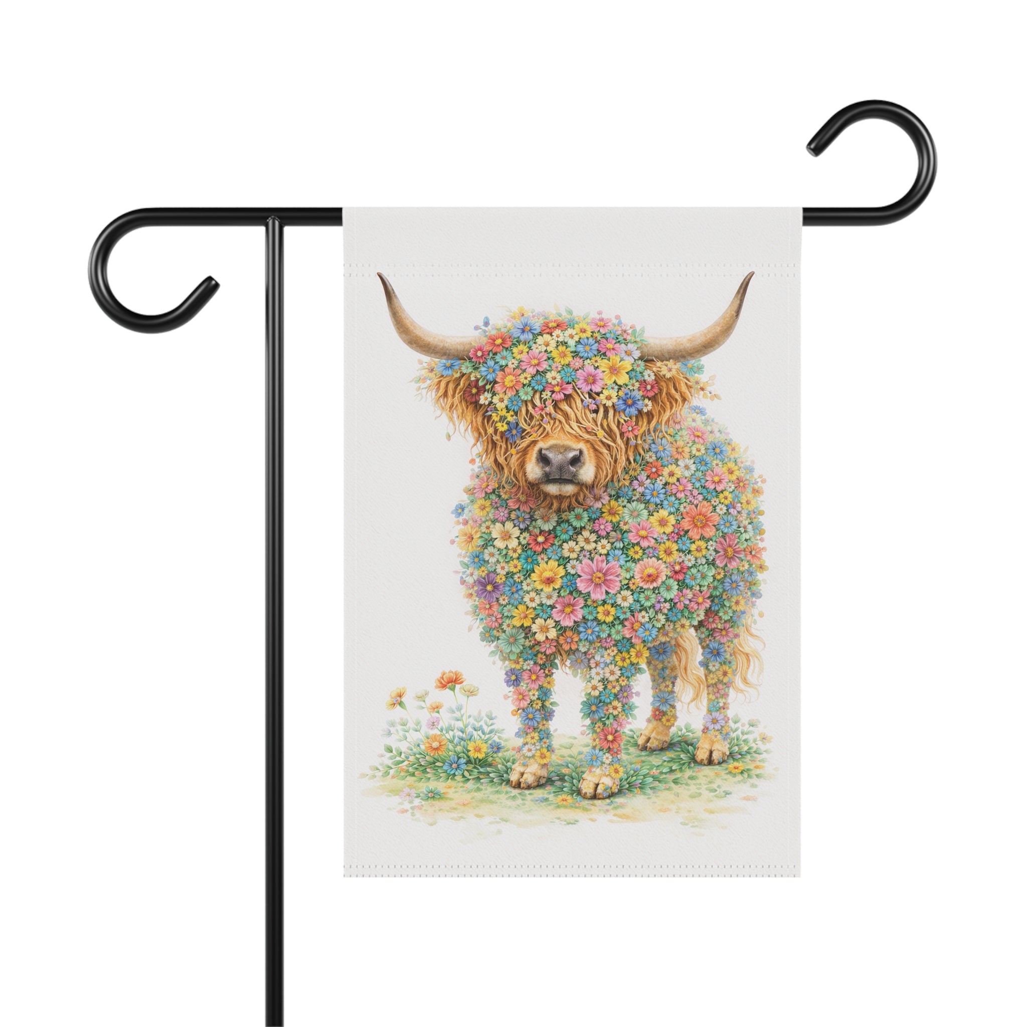 Flower-Filled Highland Cow Garden Banner and Flag — Cottage Floral 'Coo' Flag