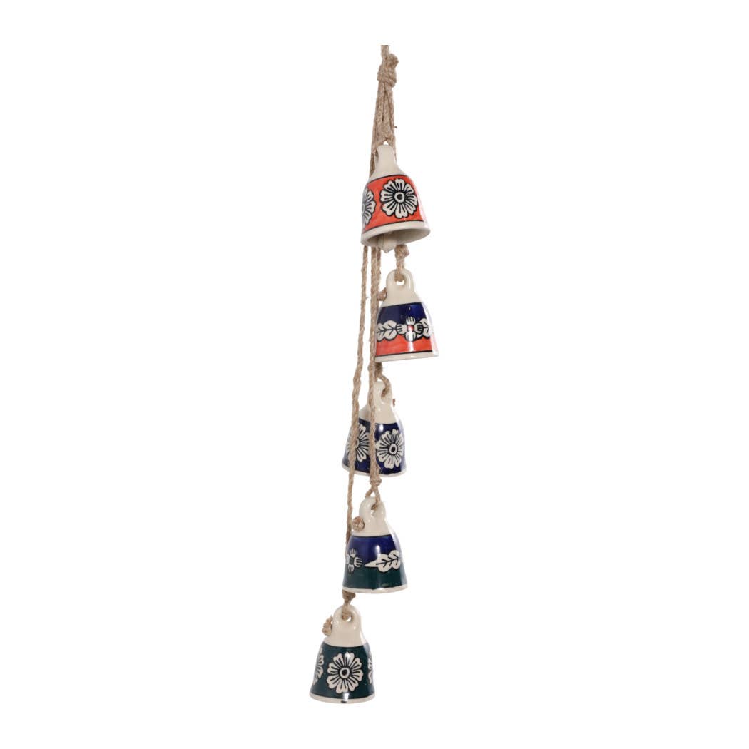 Wind Chime - Blue Ceramic and Jute Bell Cluster, 37 in.