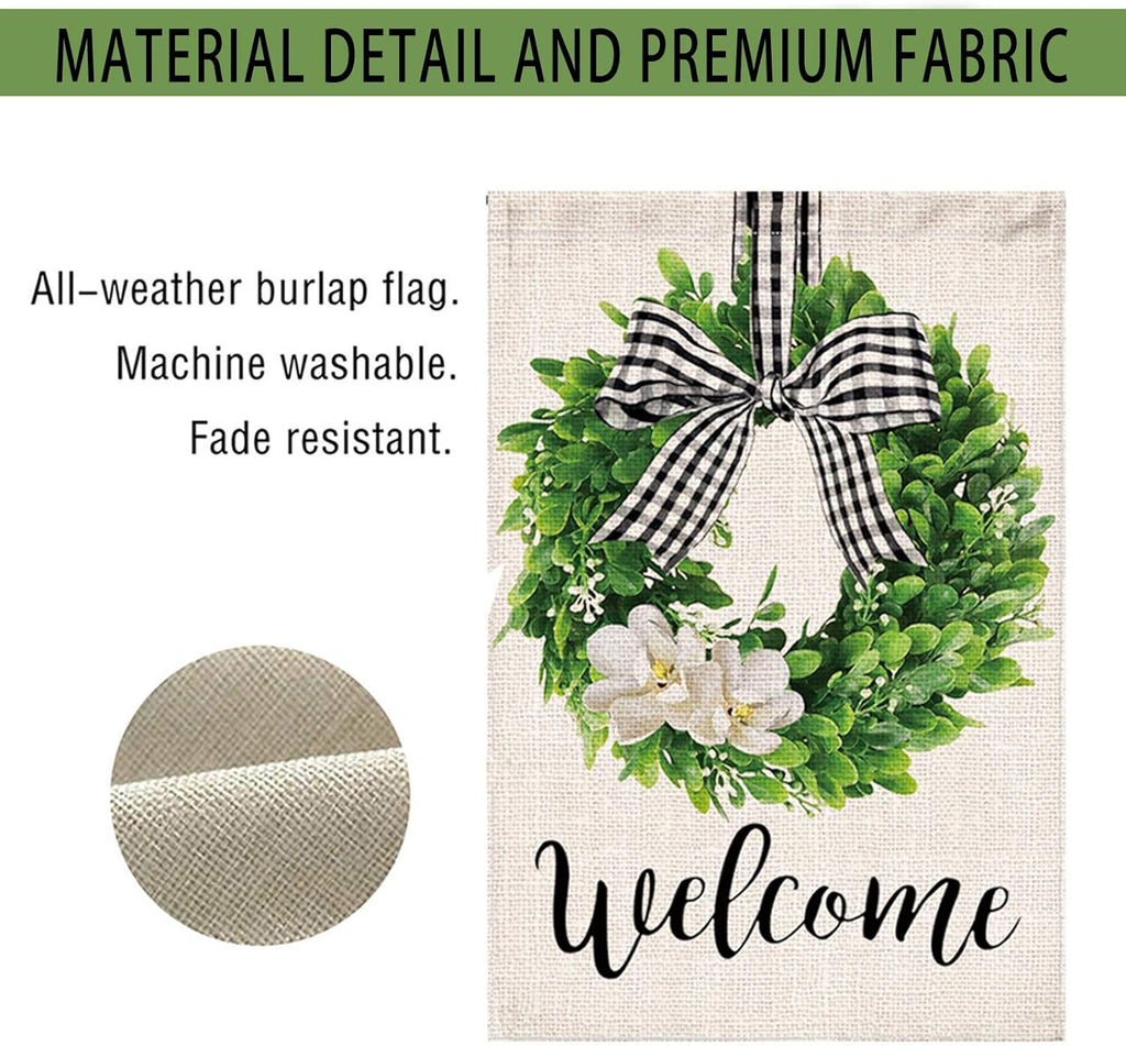 Spring Welcome Garden Flag 12X18 Inch Outside, Mailbox Decor, Seasonal Outdoor Linen Double Sided Spring Summer Flags for Outside, Boxwood Wreath Buffalo Plaid Yard Farmhouse Flag Decoration