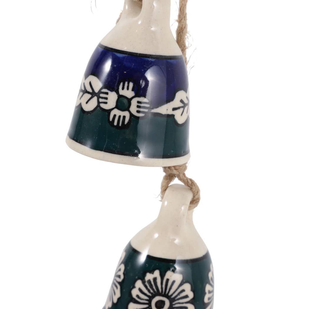 Wind Chime - Blue Ceramic and Jute Bell Cluster, 37 in.