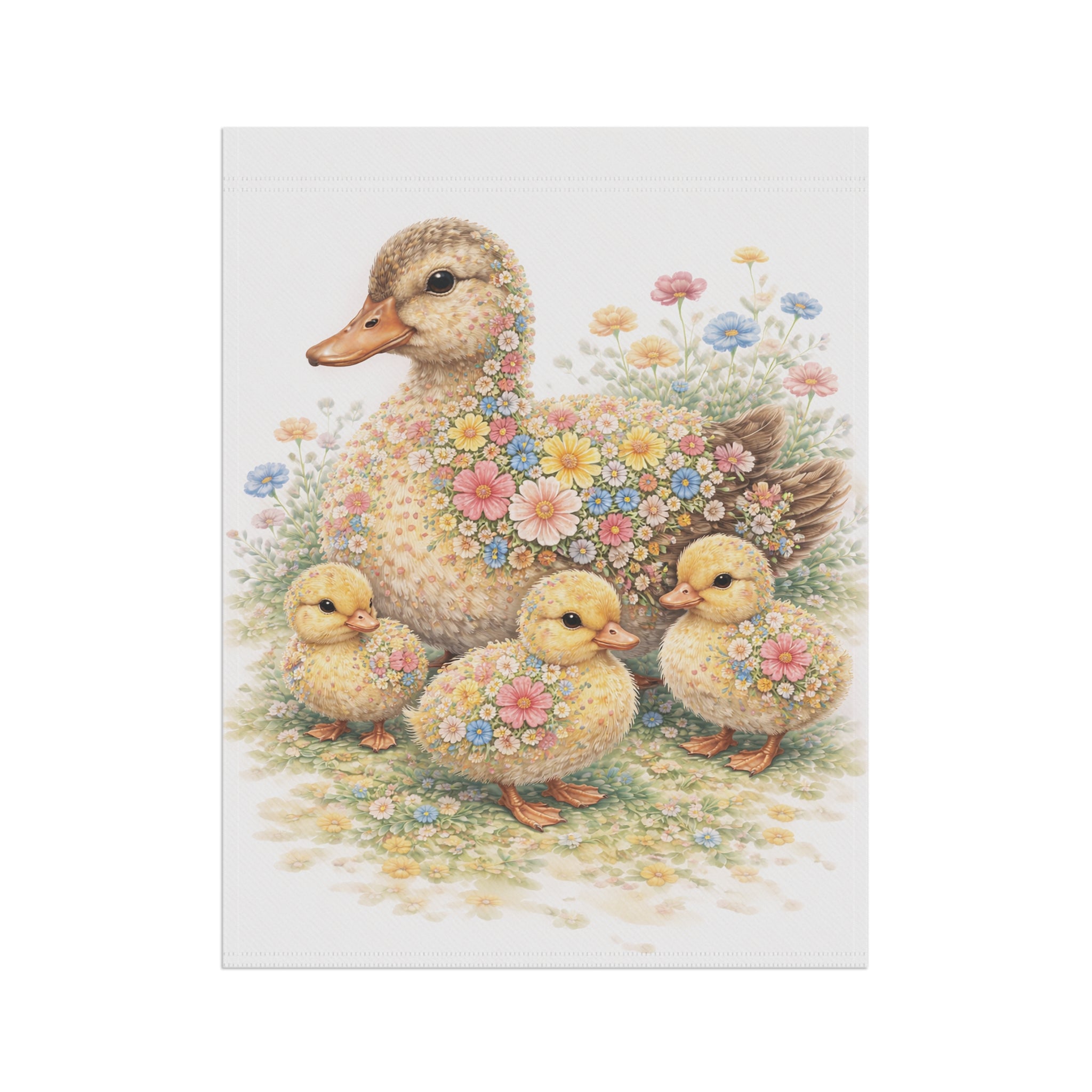 Garden Flag — Floral Mother Duck & Ducklings Cottage Banner (Spring)