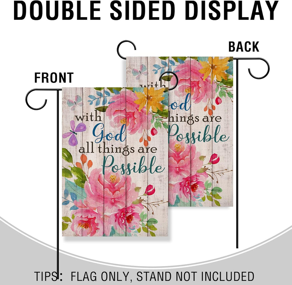 with God All Things Are Possible Christian Home Decorative Garden Flag, Spring Summer Religious House Yard Outdoor Peony Flower, Inspirational Butterfly outside Farmhouse Small Decor 12 X 18