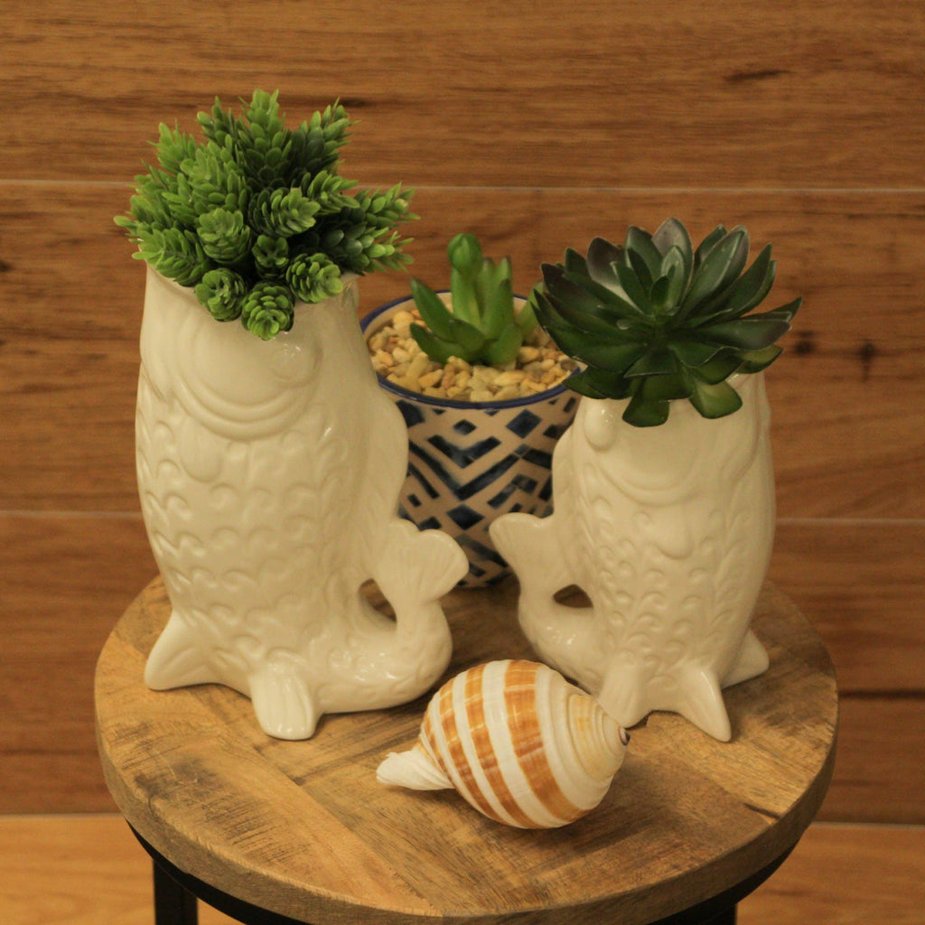 Fish Decorative Vase Set in Glossy Porcelain for Coastal Tabletop Decor