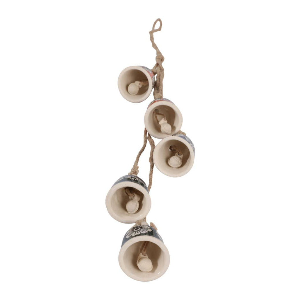 Wind Chime - Blue Ceramic and Jute Bell Cluster, 37 in.