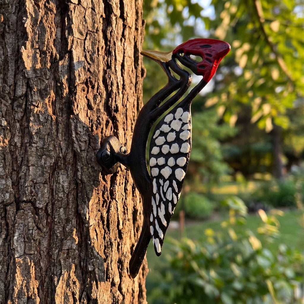 Woodpecker Tree Wall Plaque, Painted Cast Iron Outdoor Decor, 8"