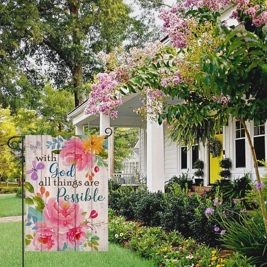 with God All Things Are Possible Christian Home Decorative Garden Flag, Spring Summer Religious House Yard Outdoor Peony Flower, Inspirational Butterfly outside Farmhouse Small Decor 12 X 18
