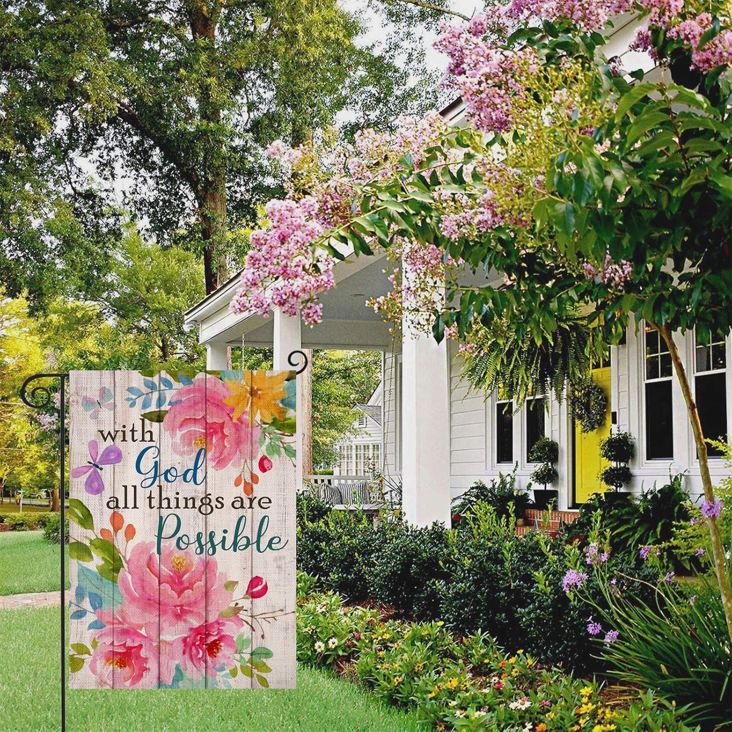 with God All Things Are Possible Christian Home Decorative Garden Flag, Spring Summer Religious House Yard Outdoor Peony Flower, Inspirational Butterfly outside Farmhouse Small Decor 12 X 18